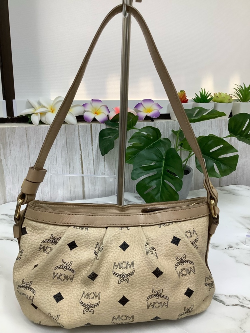 MCM Beige Monogram Signature Coated Canvas Shoulder Bag with Gold Plaque - Picture 2 of 9